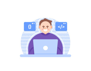 programmer, software or web developer, full stack developer, back end. a staff or male employee does coding or makes a program. work using a laptop. occupation and profession. vector elements