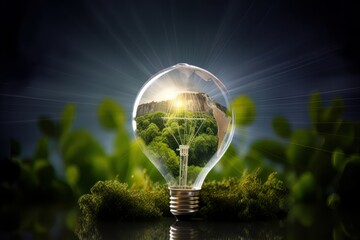 Green energy light bulb with forrest in background. Generative ai