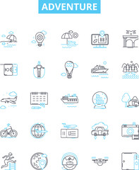 Adventure vector line icons set. Voyage, Exploration, Excursion, Quest, Trek, Tour, Thrill illustration outline concept symbols and signs