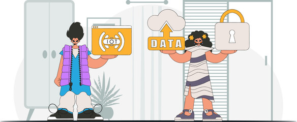 Guy and girl are a team in IoT, vector style modern character illustrations.