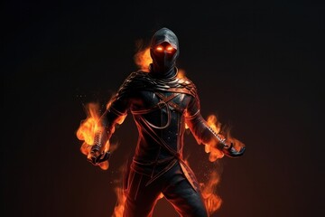 Flaming hero with dark background. Generative ai