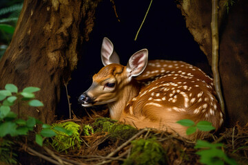 Adorable roe deer fawn in forest. Wildlife scene in nature. Digital ai art