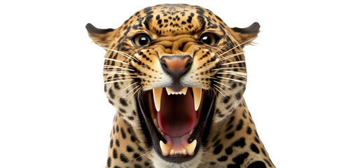 Close up of a roaring  leopard isolated of transparent background. PNG. Post-processed generative ai