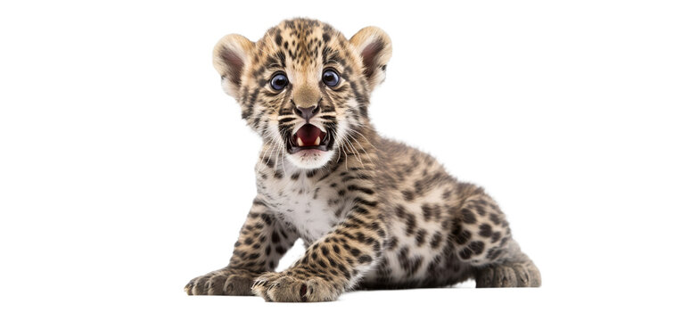 close up of a small frightened leopard cub is meowing or roaring on a transparent background. png. Post-processed generative ai