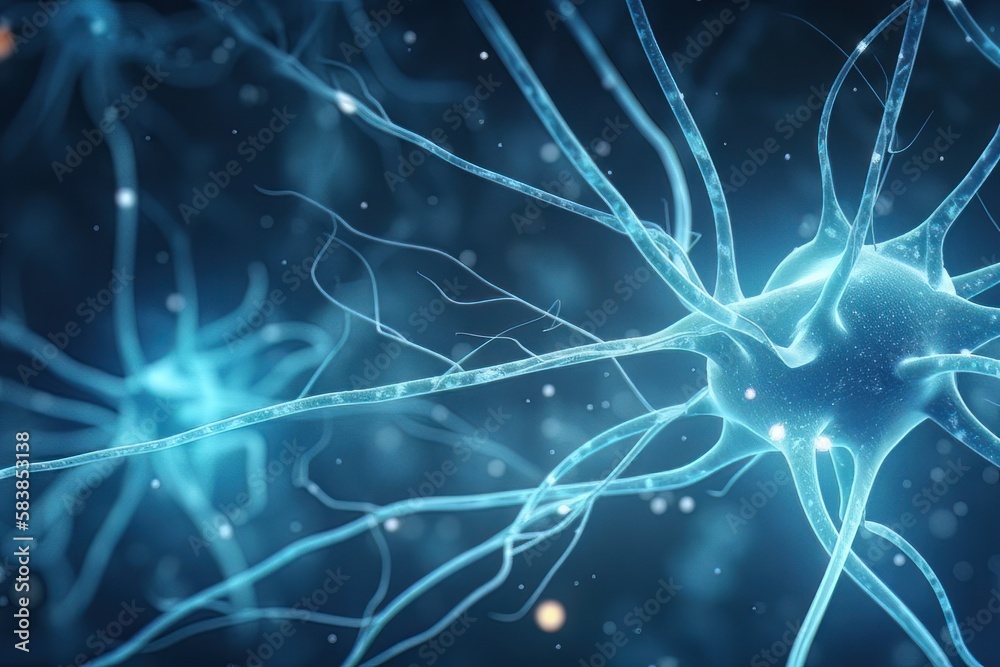 Poster brain system works neuron receives chemical and electrical signals background. generative ai
