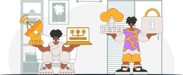 Guy and girl are a team in the IoT industry . in a sleek, modern style.