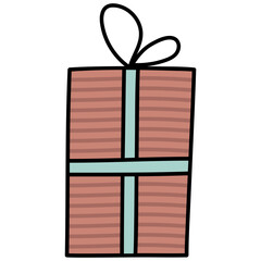 A striped gift box with a turquoise ribbon tied around the top.
