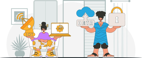 illustrationGuy and girl form a team in the Internet of Things sector, depicted in a contemporary and vector art style.