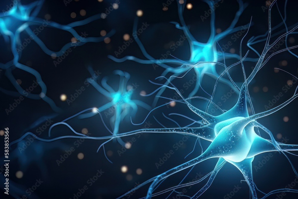 Poster brain system works neuron receives chemical and electrical signals background. generative ai