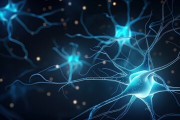 Fototapeta premium Brain system works neuron receives chemical and electrical signals background. Generative ai