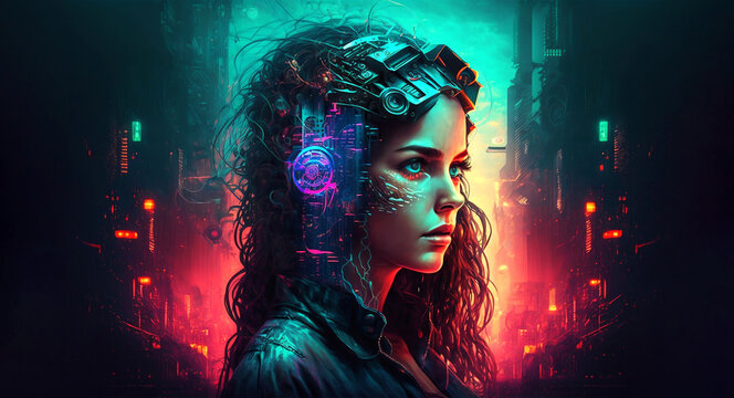 Technology background. Female face robot Advanced artificial intelligence, cyber pank concept. Generative AI