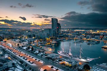 Amazing aerial cityscape of Gdynia by the Baltic Sea at dusk. Poland