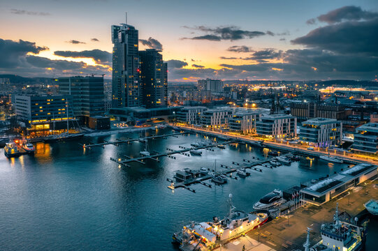 Amazing aerial cityscape of Gdynia by the Baltic Sea at dusk. Poland