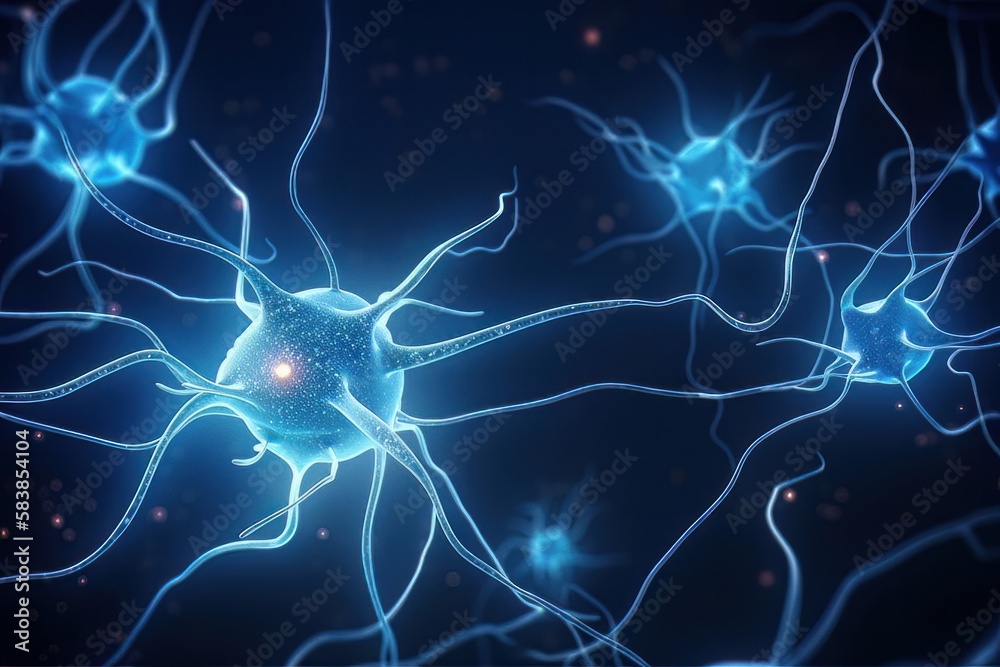 Poster brain system works neuron receives chemical and electrical signals background. generative ai