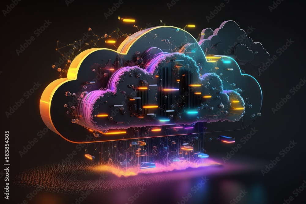Poster Glowing Cloud icon technology concept, exploded panel with cloud services and data protection. Generative ai