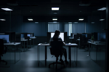 Woman hacker sitting alone at night next to a computer at office. Generative AI illustration