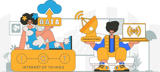 Fototapeta premium Guy and girl join forces to create business impact in the Internet of Things realm modern vector style character.