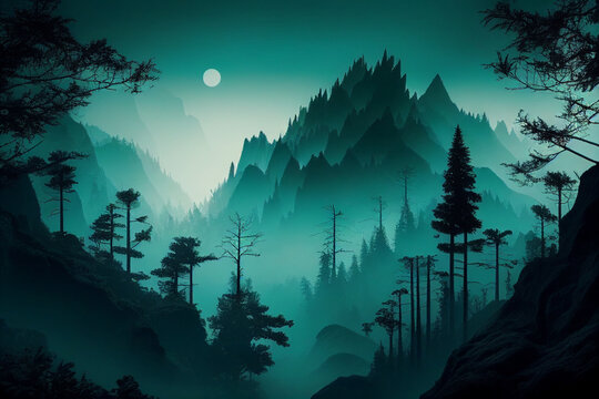 Asia forest and mountains at dusk. Generative AI illustration