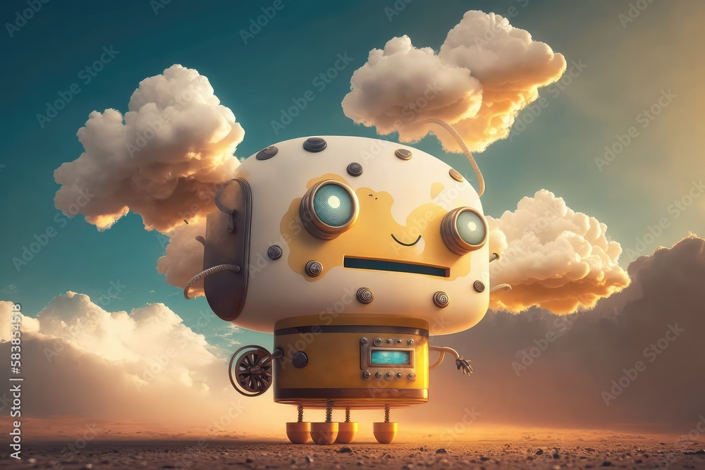 Wall mural chatbot robot giving the weather forecast, with animated clouds and sun, created with generative ai
