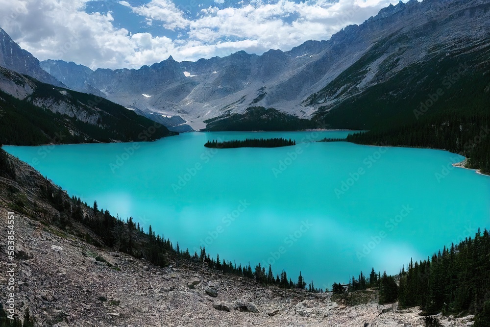 Canvas Prints Bright turquoise mountain lake surrounded by rocky snow-capped hills, created with generative ai