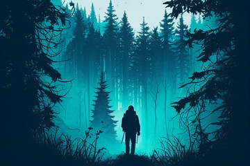 Man in Asian forest and mountains at dusk. Generative AI illustration
