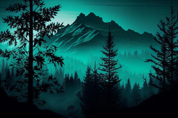 Asian forest and mountains at dusk. Generative AI illustration