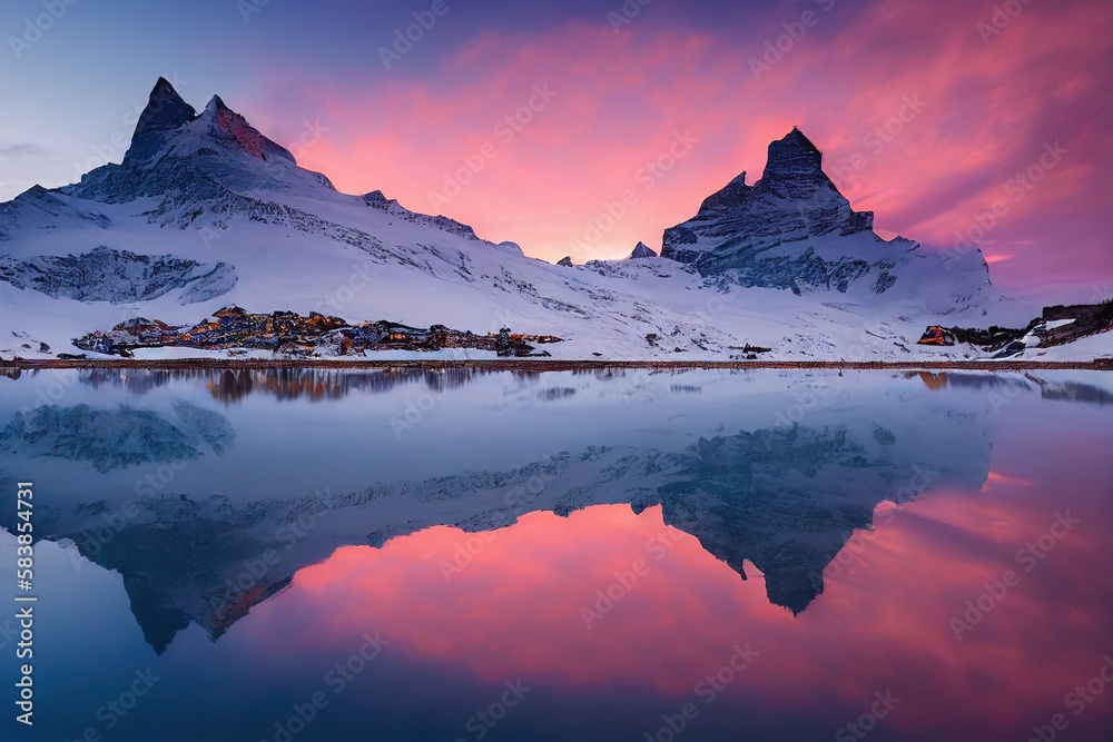 Poster Bright pink sunset illuminating whole sky and beautiful mountain lake, created with generative ai