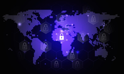 Global network security Background. Encryption and secure networking are everywhere to protect important data from cybercrime or cyber criminals. Cybersecurity technology. - blue purple