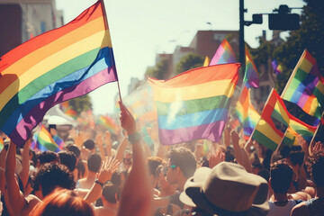 AI generated closeup rainbow flags of LGBT community blowing in wind at street of gay parade