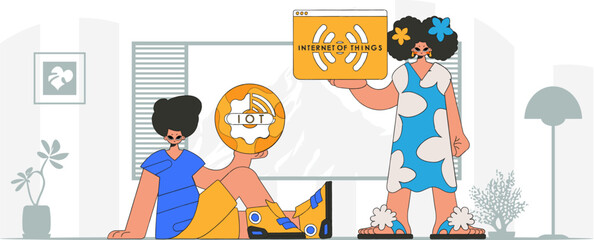 Guy and gal working together in IoT industry, depicted with contemporary design.