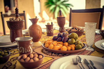 Fototapeta na wymiar Close up variety of table with arabic food during iftar meal on ramadan AI generated