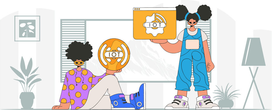 Guy and girl are an IoT duo, in a vectorised and futuristic visual style.