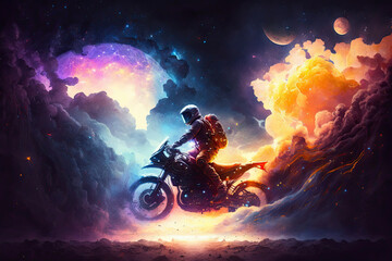motorcycling in the universe, colorful banner, Generative AI