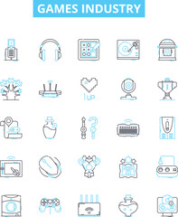 Games industry vector line icons set. Games, Industry, Gaming, Video, Online, Mobile, Esports illustration outline concept symbols and signs