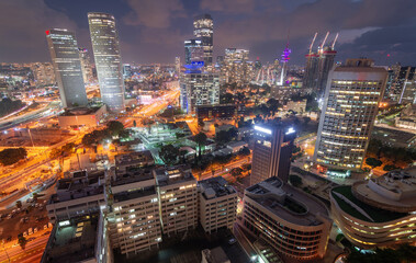Fototapeta na wymiar Tel Aviv night downtown modern top view