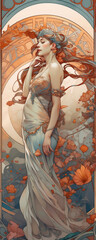 Obraz premium graphic decorative illustration of a slender woman in art noveau style, generative ai