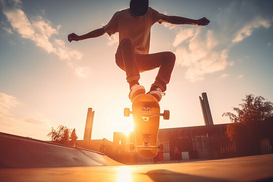 Skateboarder in a skate park jumping with his skateboard at sunset. Generative AI