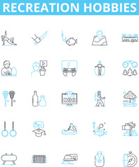 Obraz na płótnie Canvas Recreation hobbies vector line icons set. Sports, Games, Camping, Fishing, Cooking, Biking, Hiking illustration outline concept symbols and signs