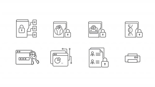 Animated information linear icons. Data analytics. Password access. Sensitive information. Seamless loop HD video with alpha channel on transparent background. Outline motion graphic animation