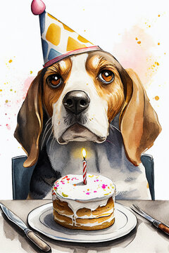 Beagle with birthday cake. Dog celebrating happy birthday. Watercolour AI generative illustration.
