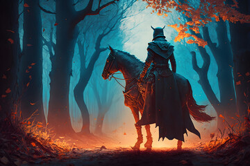 Fototapeta na wymiar Knight with horse in the forest day. Generative AI