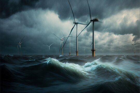 Ocean Wind Farm. Windmill farm in the ocean. Offshore wind turbines in the sea. Wind turbine from aerial view. eco energy. Generative AI