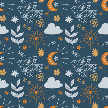 Seamless pattern with mystical and isoteric elements. Vector graphics are ideal for wallpaper, wrapping paper, for designing prints on textiles, clothes, mugs, pillows.