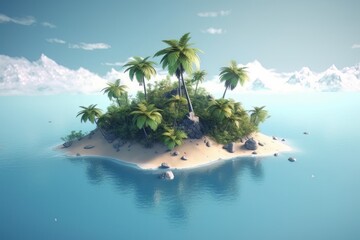 Sandy tropical beach with small island on the background. Generative AI illustration