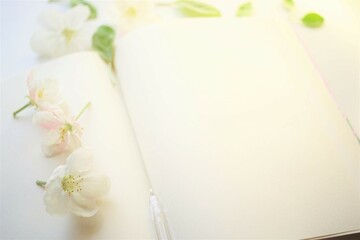 Open blank book with blank sheets and a pen in apple blossoms around