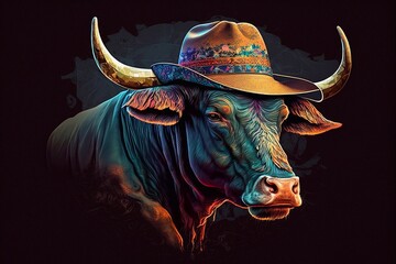 Bull with hat on his head. Generative AI - obrazy, fototapety, plakaty