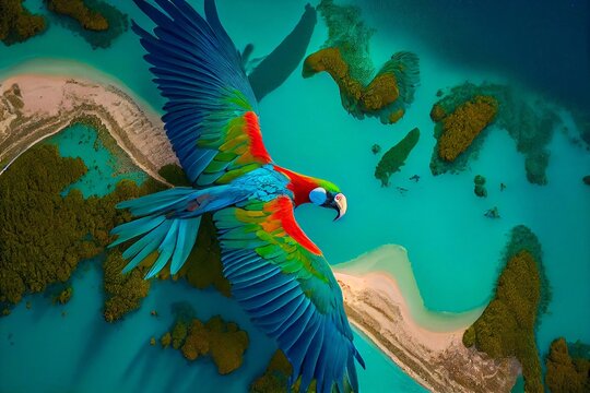 Parrot flying over the ocean. Generative AI