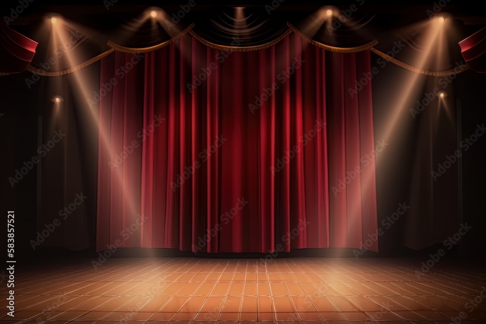 Poster blank stage with shining flash light and red curtain background. generative ai