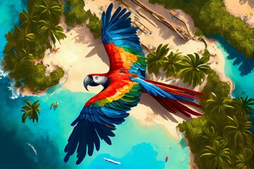 Tropical coast top view. Beautiful parrot flies over the island. Generative AI