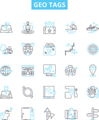 Geo tags vector line icons set. Geolocation, Geotagging, Geo-tags, Coordinates, GPS, Latitude, Longitude illustration outline concept symbols and signs